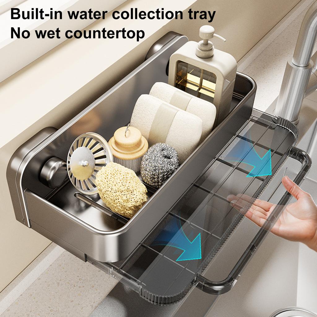 Sink Caddy Organizer with Suction Cups and Detachable Tray Space Suction Sink Drain Rack for Sponge Soap Stopper Brushes Indoors