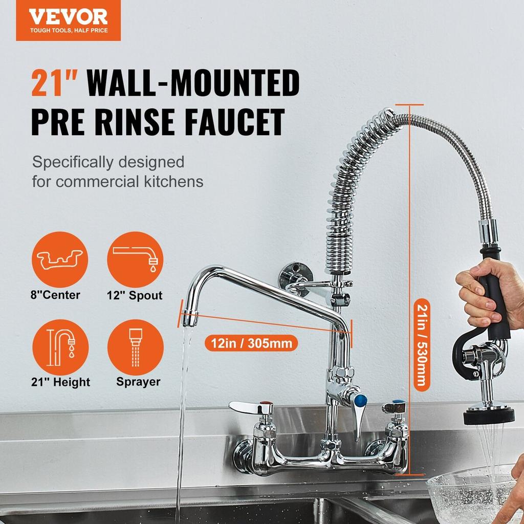 Commercial Faucet with Pre-Rinse Sprayer, 21" Height, 8" Center, 12" Swing Spout, Wall Mount Kitchen Sink Faucet, Brass Constructed Device with Pull