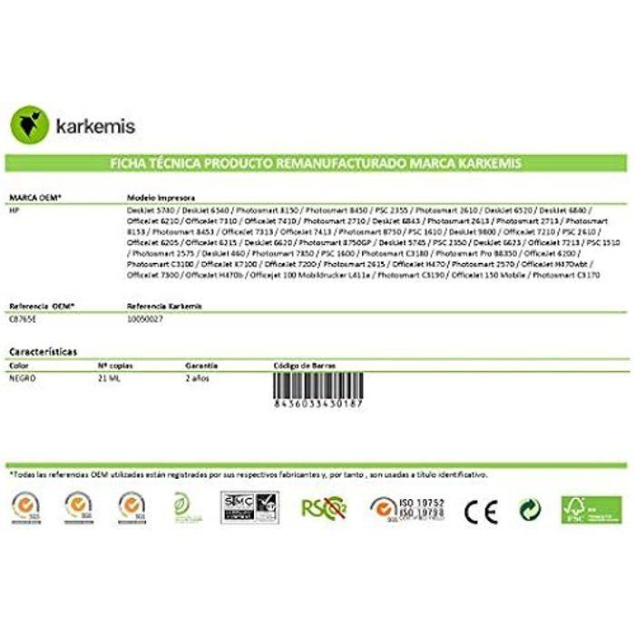 Cartouche d'encre noire - Karkemis - K-C8765E - 11 ml - Rendement 500 pages - Compatible HP