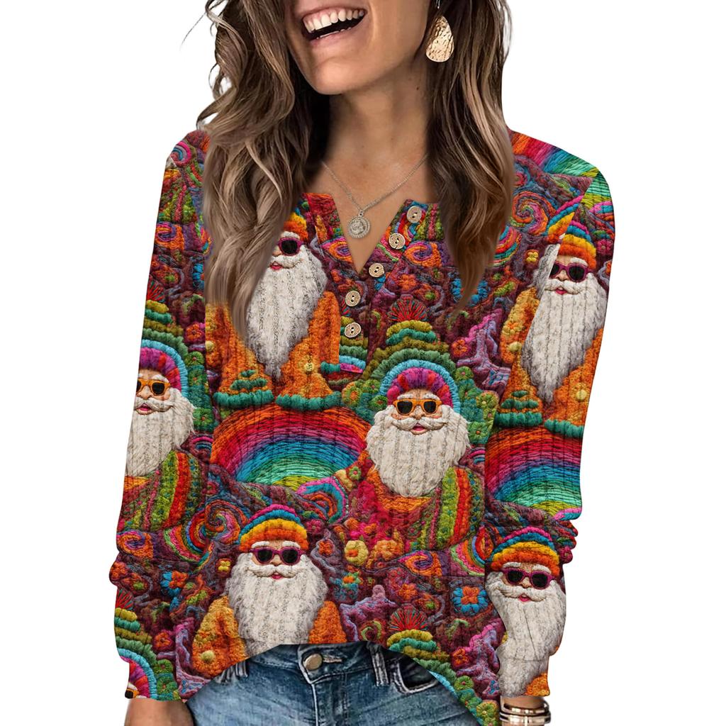 Women's Fashion V-Neck Button-Up T-Shirt With Christmas Print Long-Sleeved Top