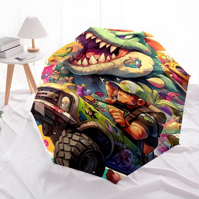 

1pc The Dino Driver s Wild Journey Automatic Opening and Closing Cartoon Practical Umbrella - Suitable for Various Occasions, Outdoor Activities, Ligh