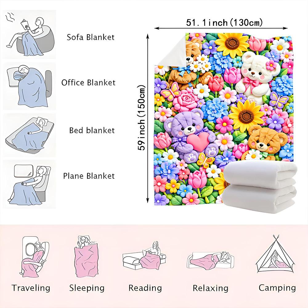 1PC Colorful Bear and Floral Print Blanket-Made of soft, fluffy flannel, perfect for a sofa or bed. Ideal for comfortable home d