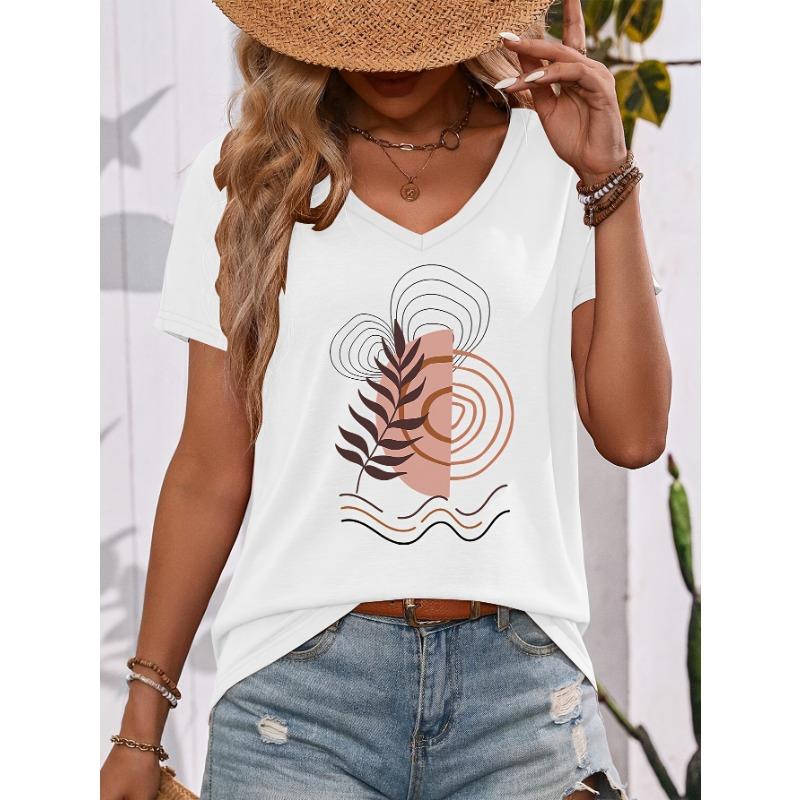Bohemian Style Modern Abstract Nature Elements Illustration Pattern V-Neck Short Sleeve T-Shirt, Suitable for Outing And Leisure, Casual, Daily Wear
