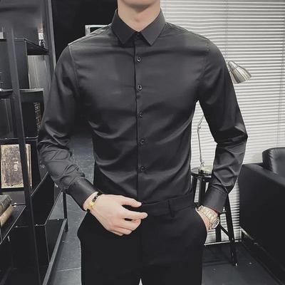 Men's Slim Fit Long Sleeve Korean Style Casual Shirt - Black/White, Non-Iron, High-End Trendy Design