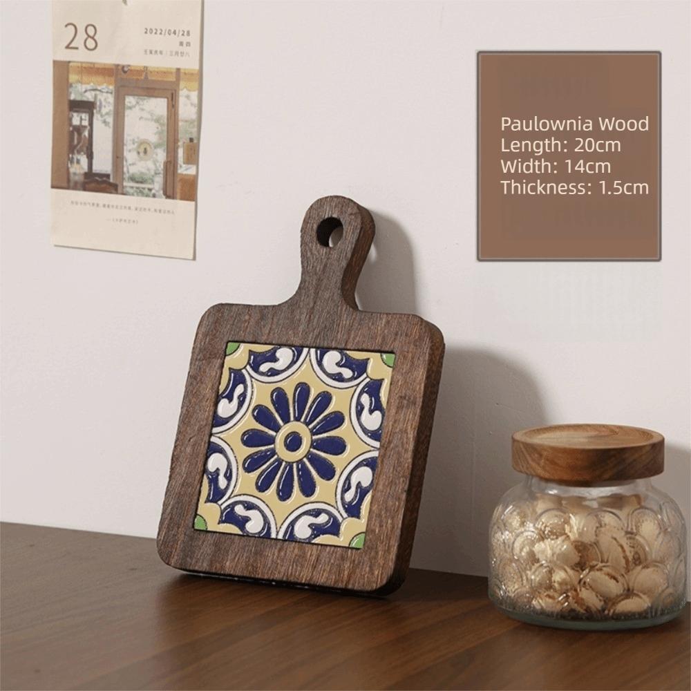 Japanese Style Solid Wood Coaster Square Heat Resistant Wooden Flower Tile Coaster Retro Placemat Casserole Mat Coffee Break