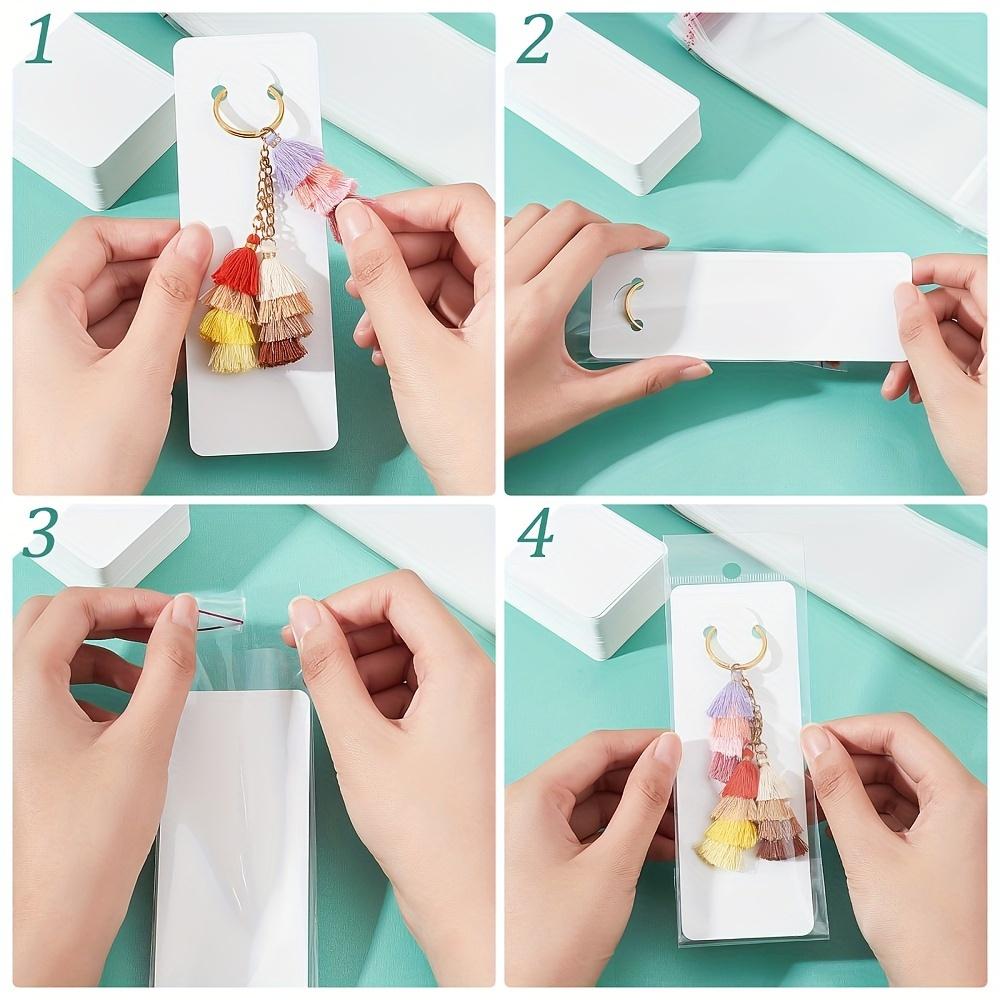 100pcs White Keychain Display Package Paper Cards Holder with 100pcs Transparent Self-Sealing Bags for Selling Bracelet Keyring Small Business