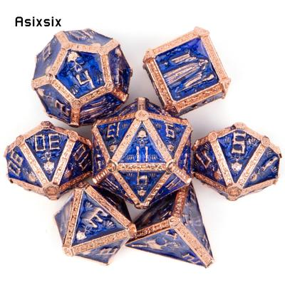 7-teiliges Würfelset aus Metall mit blauem und goldenem Totenkopf und polyedrischem Würfel aus massivem Metall, geeignet für Rollenspiele, RPG-Brettspiele und Kartenspiele