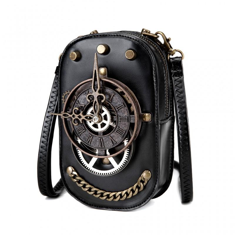 Steampunk Vintage Mini Square Crossbody Bag Women PU Leather Rivet Chain Detail Zip Phone Pocket