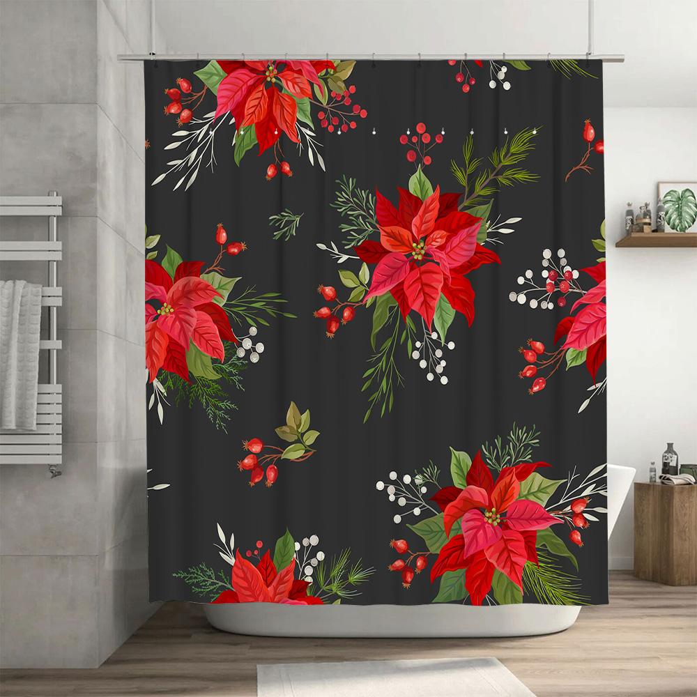Waterproof Shower Curtains with Floral Christmas Decorations for Bathroom Red Poinsettia Pattern, Polyester Fabric, Durable Wash