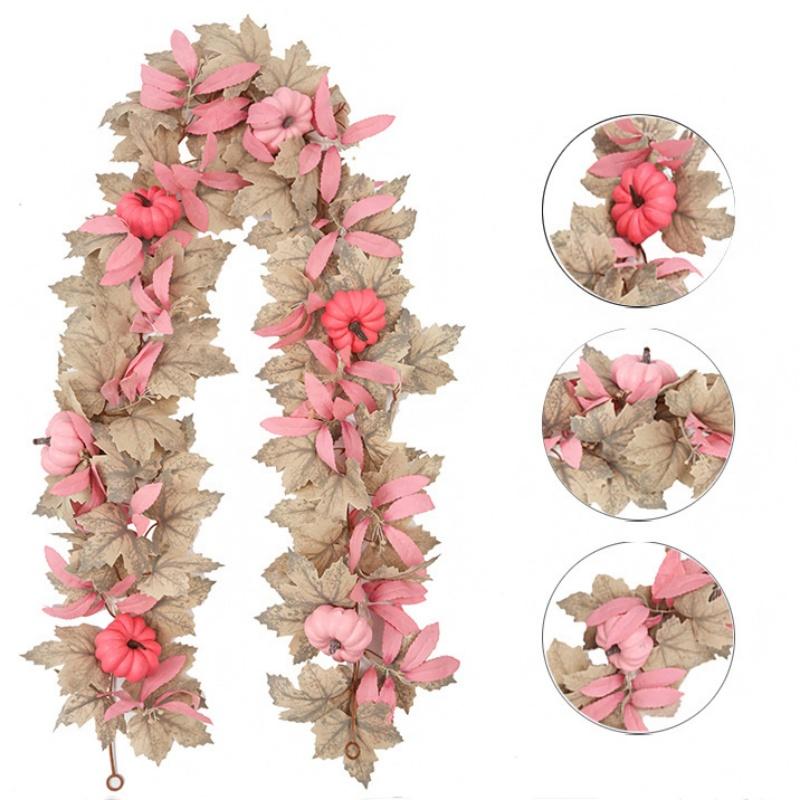 Fall Maple Leaves Garland Hanging Artificial Autumn Garland with Pink Pumpkins Flowers Berries For Halloween Thanksgiving Decor
