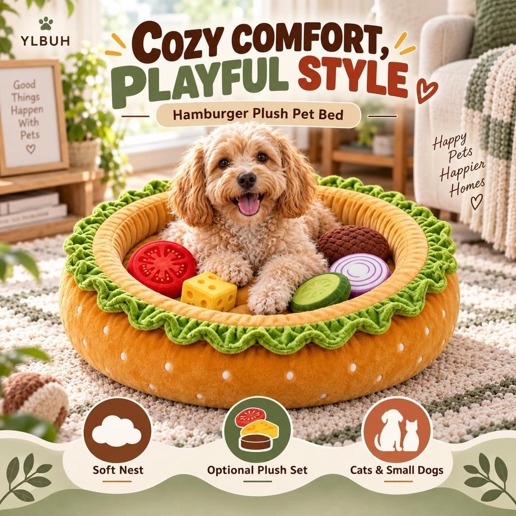 Letto Peluche a Forma di Hamburger Ciotola con Palline a Forma di Burger per Gatti e Cani Piccoli Giocattoli Peluche con Topping Letto Morbido in Peluche con Bordi Rialzati per Interno