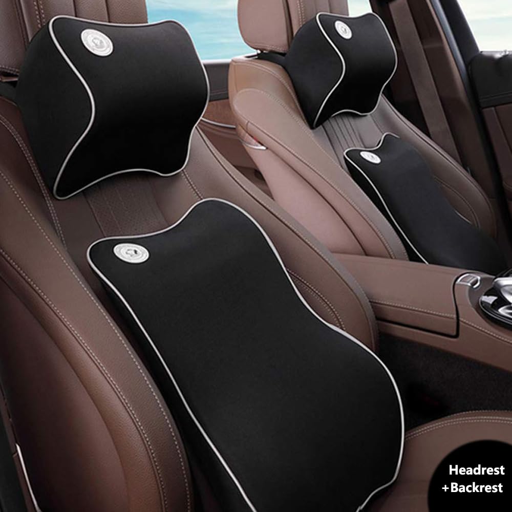 Car Lumbar Support Cushion and Headrest Neck Support Seat Cushion Backrest Memory with Adjustable Mounting Straps Washable Car Driving Gaming Chair
