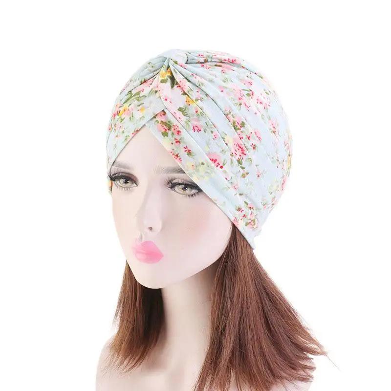 Indian Turban Muslim Women Hijab Floral Printed Hat Cancer Chemo Cap Islamic Hair Loss Cover Beanie Bonnet Head Scarf Pleated
