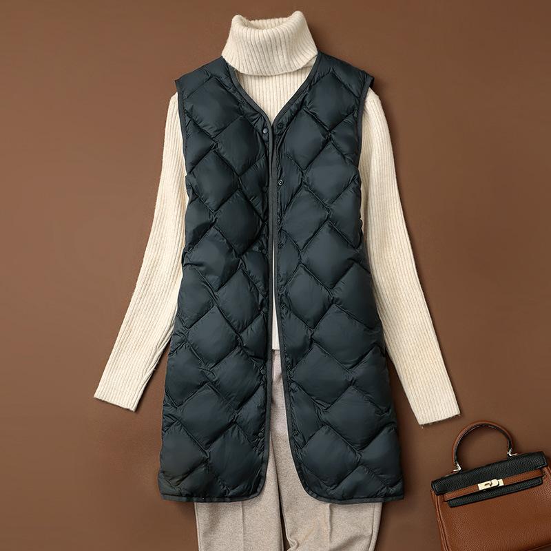 Women's Lightweight Down Vest - Mid-Length V-Neck Autumn/Winter Plus Size Waistcoat - Lightweight Down Lining Sports Vest