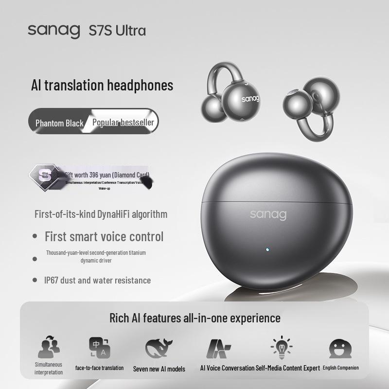 Sanag S7S Bluetooth Ear Clip Earphones with AI Translation and Air Conduction for 2025 Sports - Open, Not In-Ear Design