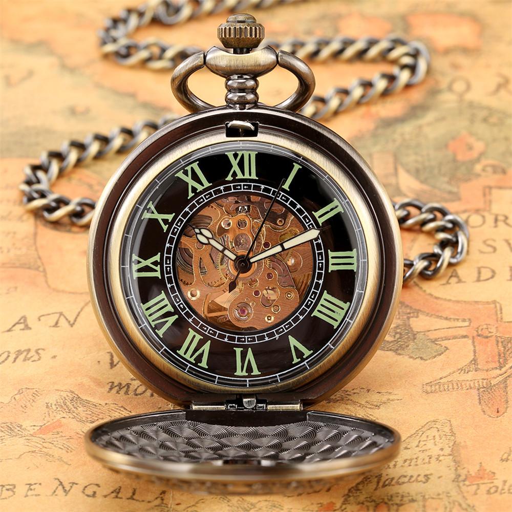 Roman Numerals Mechanical Self-Wind Pocket Watch Male Vintage Bronze Half Hunter FOB Chain Automatic Pocket Pendant Timepiece