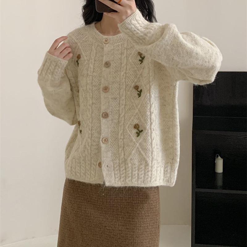 Sweater Jacket Women's Knitted Cardigan Autumn Clothing New Women's Clothes Long Sleeve Crew Neck Embroidered Top