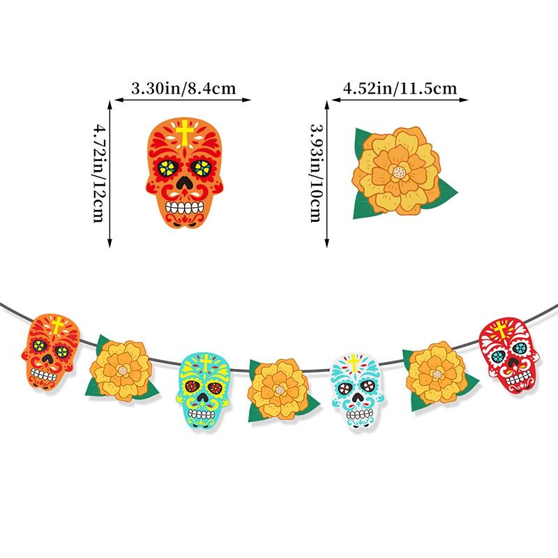 Mexican Day Of The Dead Party Decoration Pull Flag Banner Skull Head Banner Flag Cake Topper Halloween Wall Decoration
