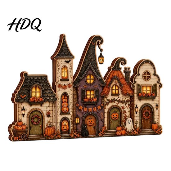 Halloween Wooden House Decorations Retro Haunted Village Tabletop Decor Fall Farmhouse Witch Distressed Wood Crafts Ornament Ghost Town Centerpiece