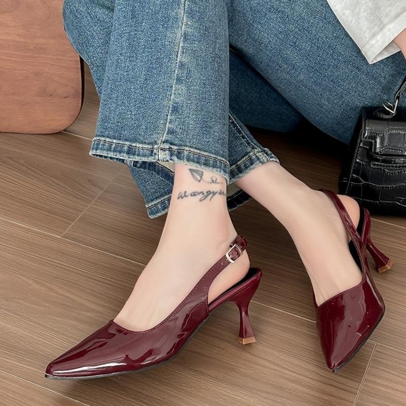Fashion Patent Leather Wrapped Toe Sandals Women's Spring and Summer New Bow One Strap Non-slip Pointed Toe High Heels