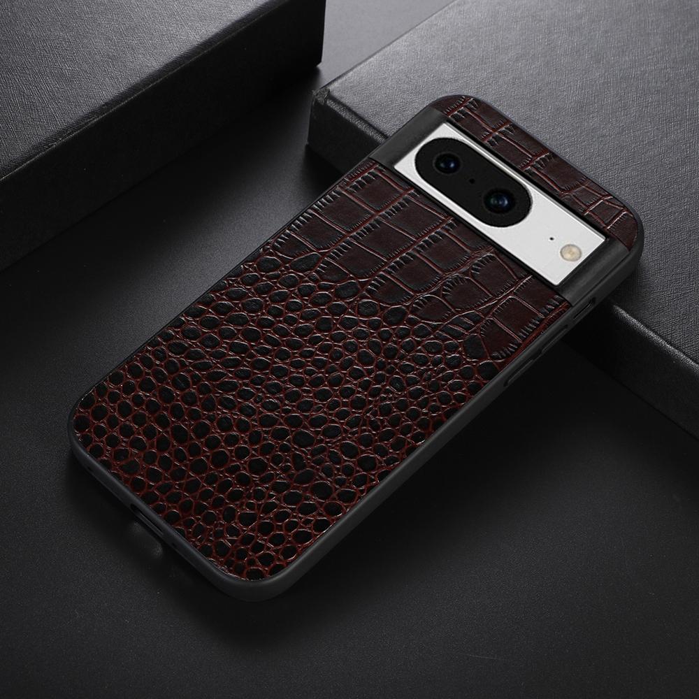 

For Google Pixel 8 Crocodile Texture Phone Case Genuine Cowhide Leather+PC+TPU Cover Coffee