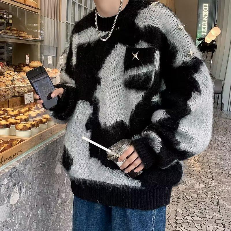 Sweaters for men and women, loose and comfortable plush knitted sweaters in autumn and winter, lazy wind tie-dye trendy high street warm clothes