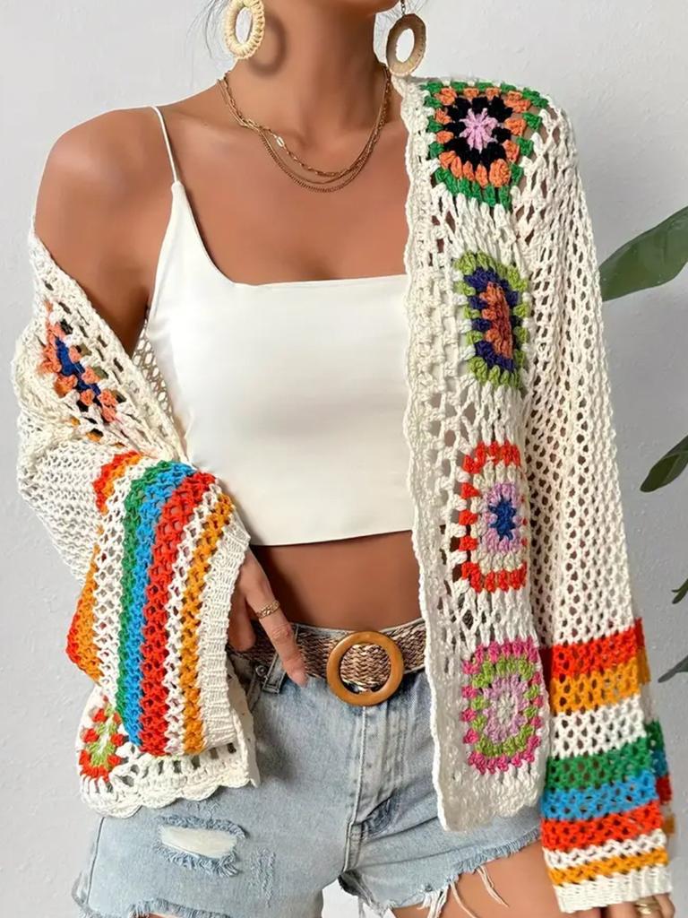 Vintage Rainbow Color Block Crochet Shawl Cardigan Loose Knit Top