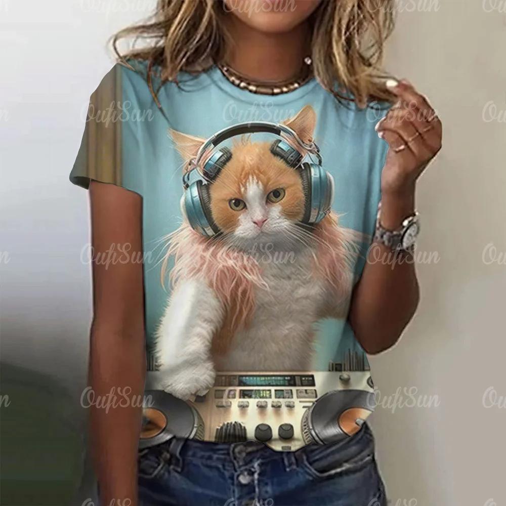 New Summer Women 3D Cool Rock Cat Printing T-Shirt Fashion Trend Tops Tees Ladies Casual Short Sleeve Clothing Y2K Streetwear