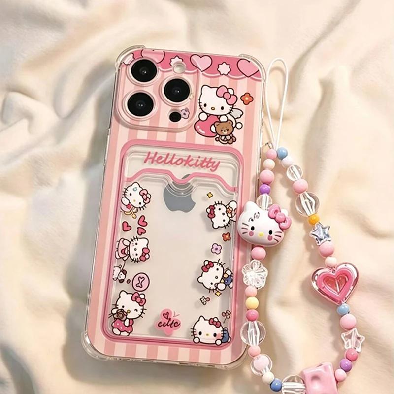 3D Bow Hello Kitty Bracelet Case For Iphone 13 12 11 Pro Max XR X XS Max 6 6S 7 8 Plus 13 Mini 17 Pro Max 5G Card Holder Cover