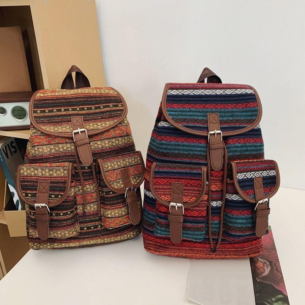 Fashion Ethnic Style Shoulders Backpack Adjustable Strap Large Capacity Kids Schoolbag Casual Plaid Travel Rucksack