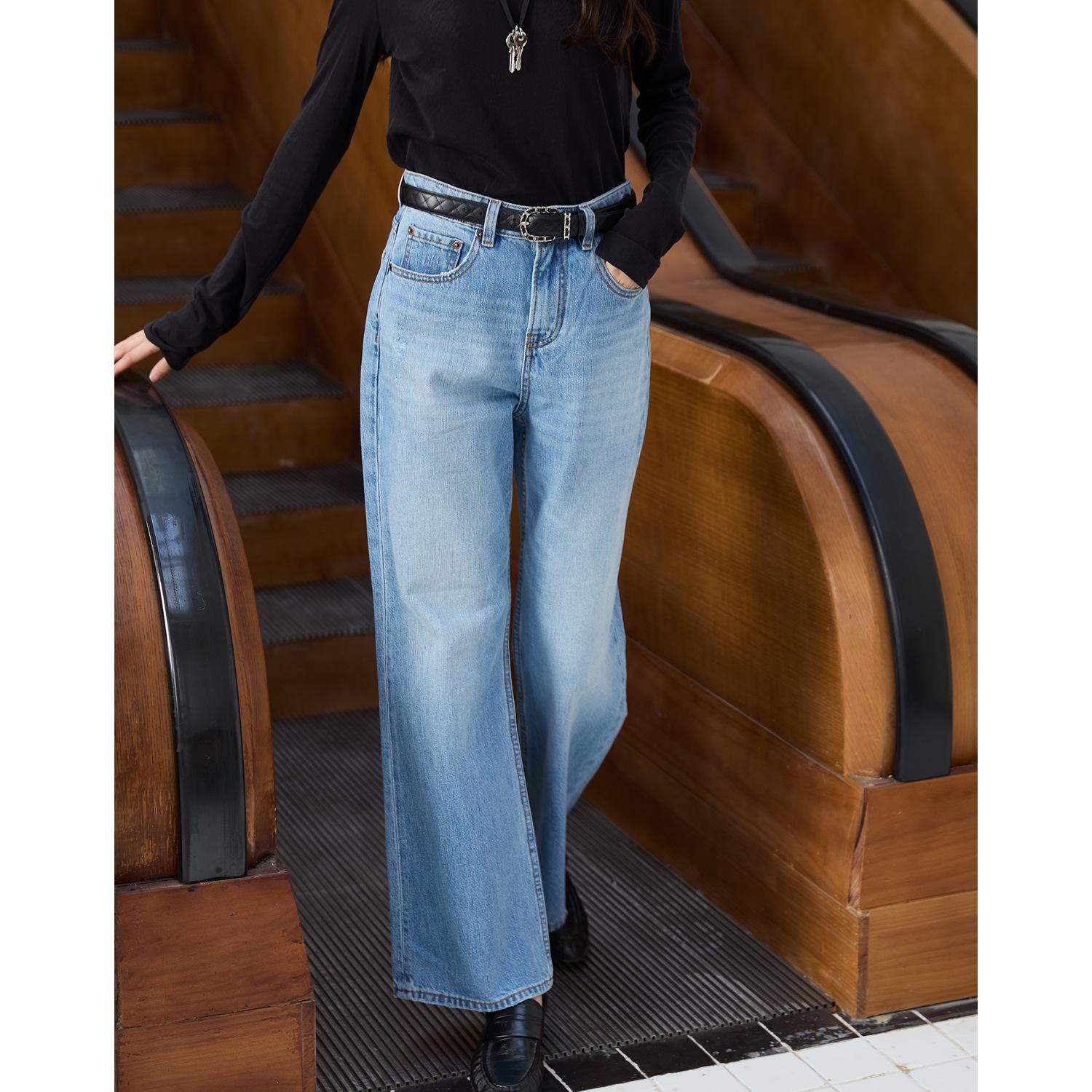 Yang Shulin Retro Snowflake Blue Jeans: Hong Kong Style Loose Slimming Flare Pants for Spring and Autumn. Large небесно-голубой