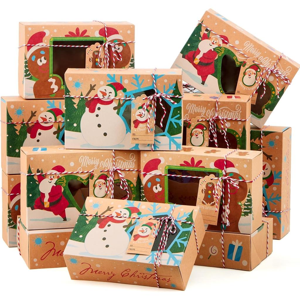 JOYFY 24 PCS Christmas Cookie Gift Baking Box with Window Auto-Popup for Xmas Holiday Treat Boxes Containers with Tags