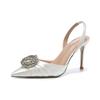 Fashion French Pointed Toe Rhinestone Flower High Heel Sandals Satin Thin Heel Wedding Shoes for Women