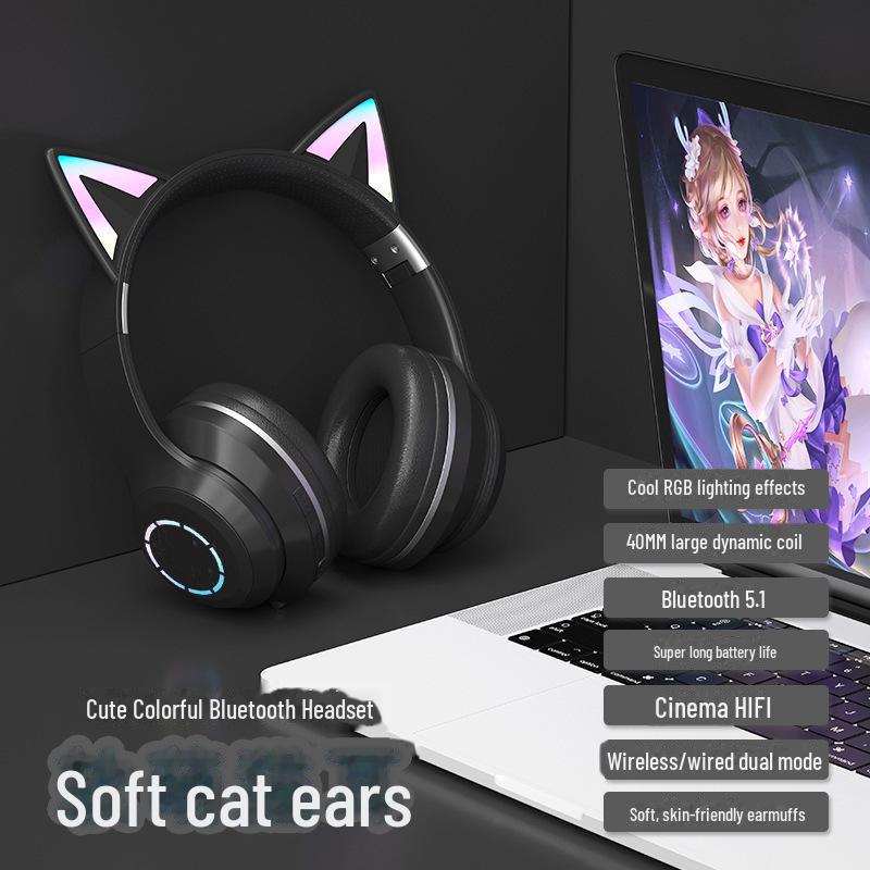 Bluetooth-Gaming-Headset mit Katzenohren in Farbverlauf und Leuchteffekt