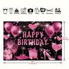 Ροζ χρυσό ύφασμα φόντου Happy Birthday, μαύρη ροζ χρυσή κορδέλα γενεθλίων ροζ χρυσό λογότυπο Happy Birthday διακόσμηση
