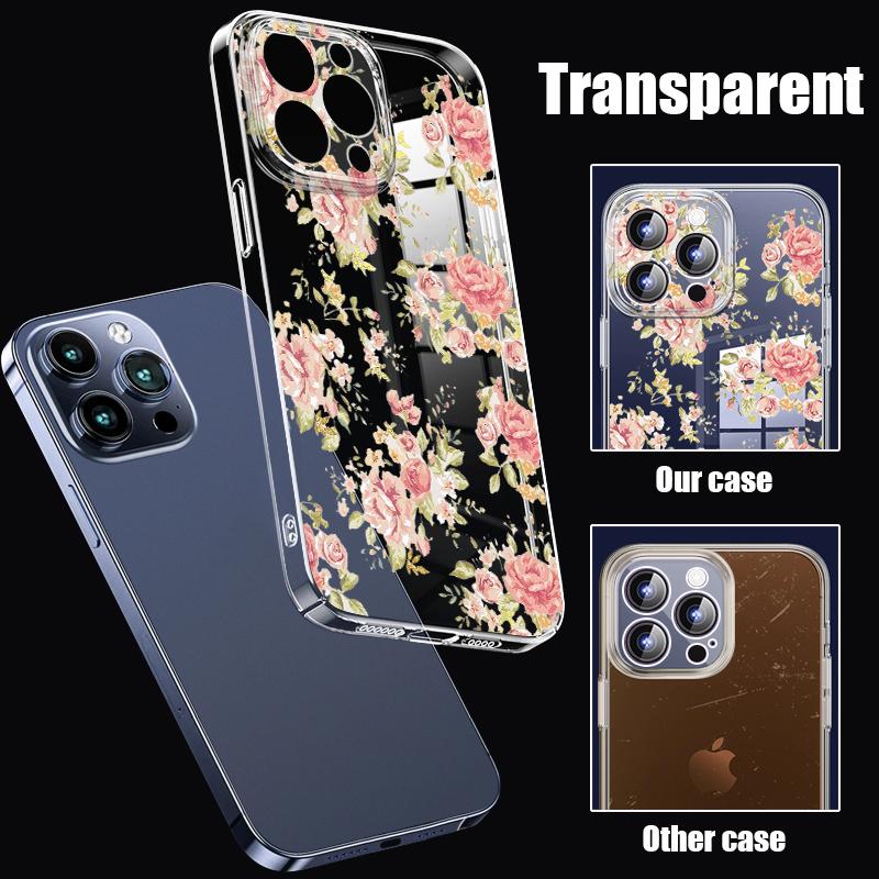 For iPhone 16 Plus 15 14 Pro 12 13 Pro Max 11 Shockproof Color Rose Flower Pattern Hard Pc Transparent Slim Lens Protection Phone Case Cover