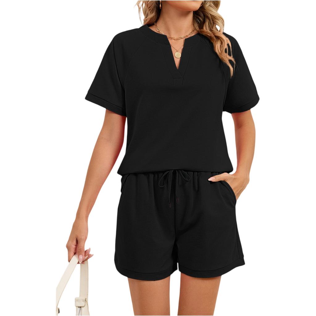Women's Fall Two Piece  Outfits Short Sleeve Tops Tee Shirts Wide Leg Shorts Sets