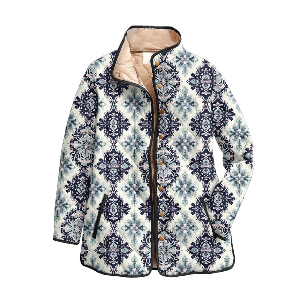 Women's Floral Print Stand Up Collar Pleated Cotton Long Sleeved Button Cotton Jacket