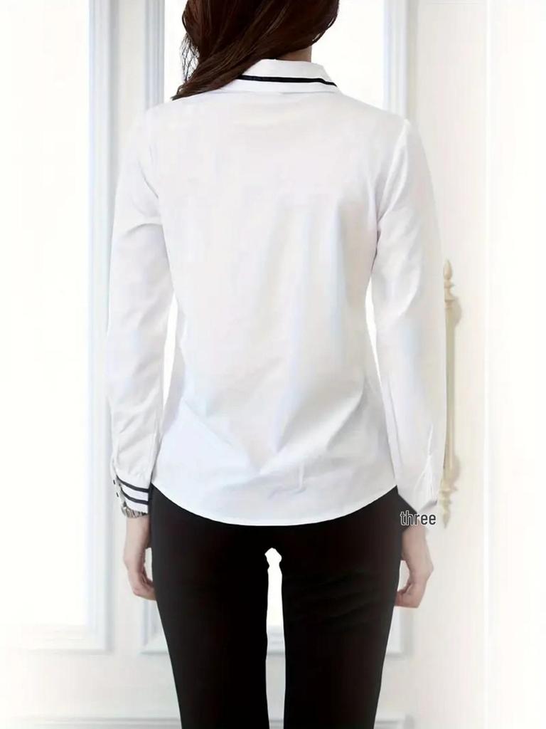 Classic Women's White Office Shirts with Contrasting Collars and Cuffs - European, American, Japanese, Korean Styles