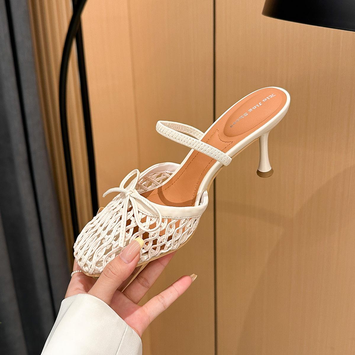 

396-3 Holiday wind summer new Mori literary hand-woven hollow bow bag head thin heel high heel slippers 40 хаки