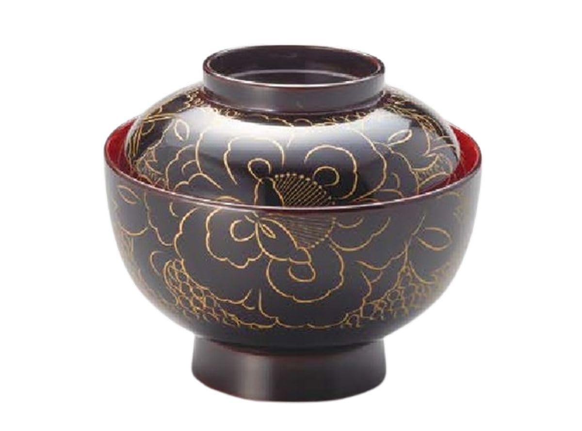 

Золотой Зони Черный с Красным Интерьером Сделано в Японии J-kitchens Миска, Пион, Миска, (1 чаша), 13см, Лакировка, Ручная роспись,