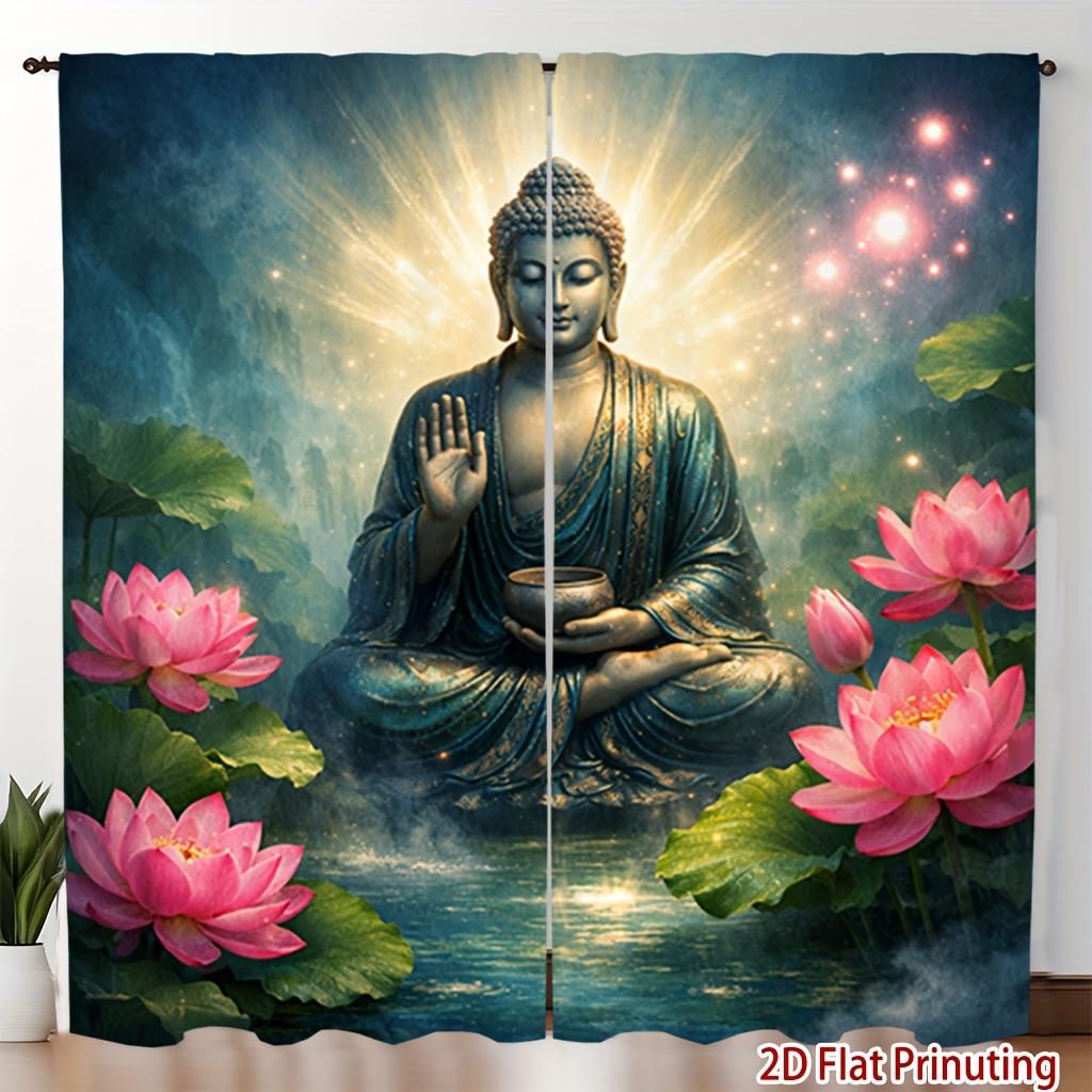 2pcs Buddha Print Curtains Lotus Flower Pattern Zen Style Spiritual Polyester Window Drapes for Bedroom Living Room 60×150