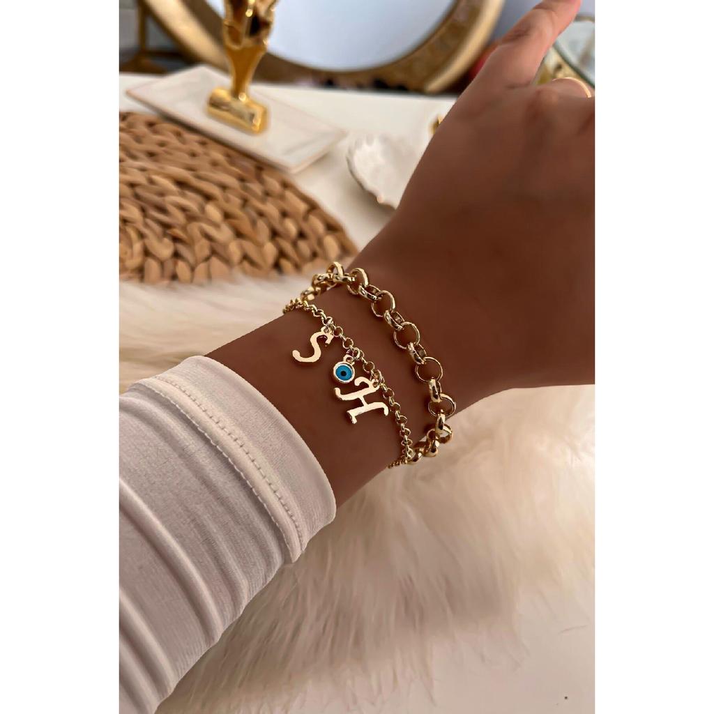 Gold Color Letters Selectable Evil Eye Detailed Chain Bracelet Combination 30
