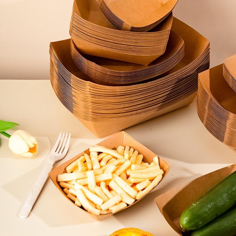 Disposable Paper Plates PE Coated Oil Proof Film Barbecue Plate Burger French Fries Grilled Skewers Hot Dogs Boat Shaped Tray Pack Tableware