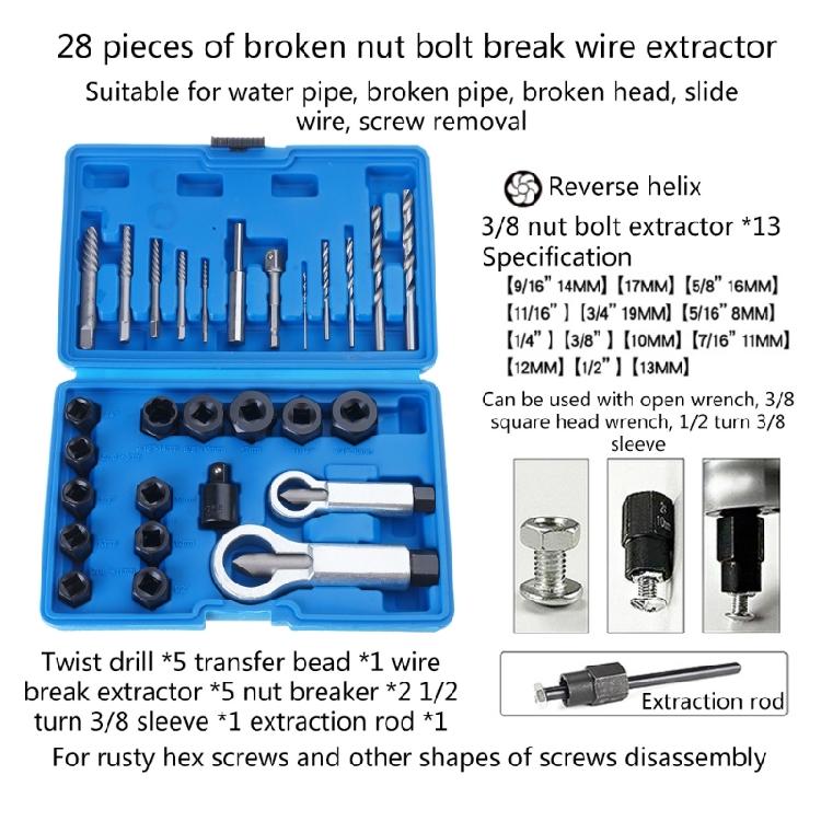 28Pcs Impact Damaged Bolt Remover Nut Screw Extractor Socket Removal Tool Kit