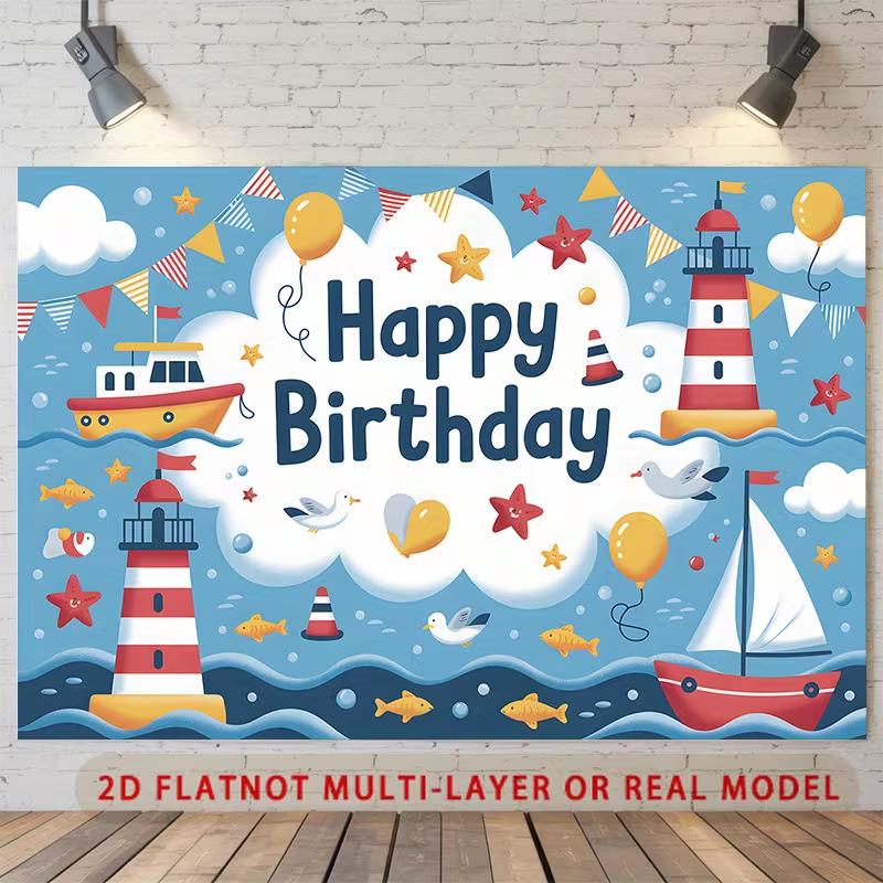 2D Ocean Nautical Birthday Backdrop Banner Cartoon Sea Theme Party Decoration