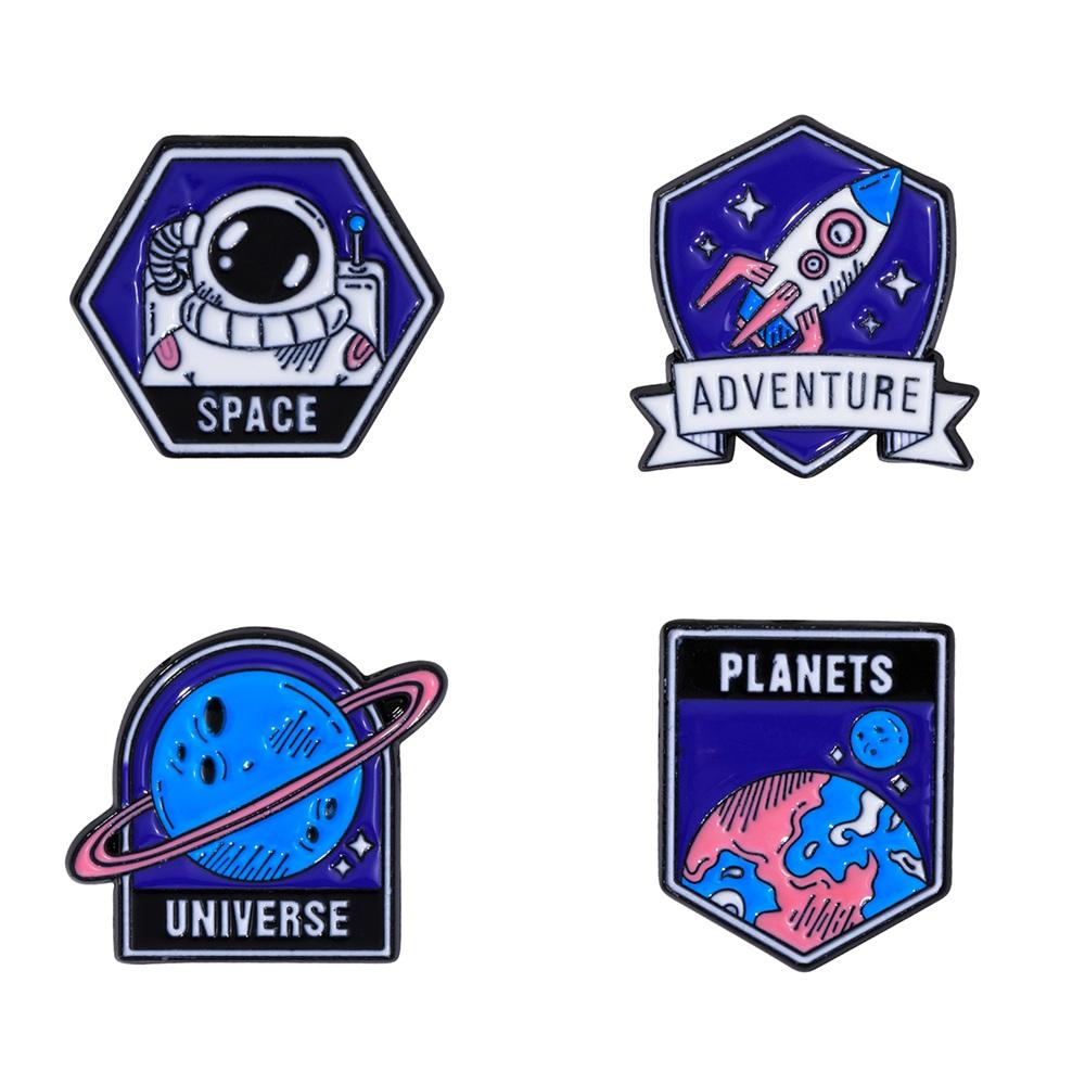 4 Styles Funny Space Adventure Universe Planets Design Enamel Brooches Spaceman Astronaut Rocket Earth Metal Pins