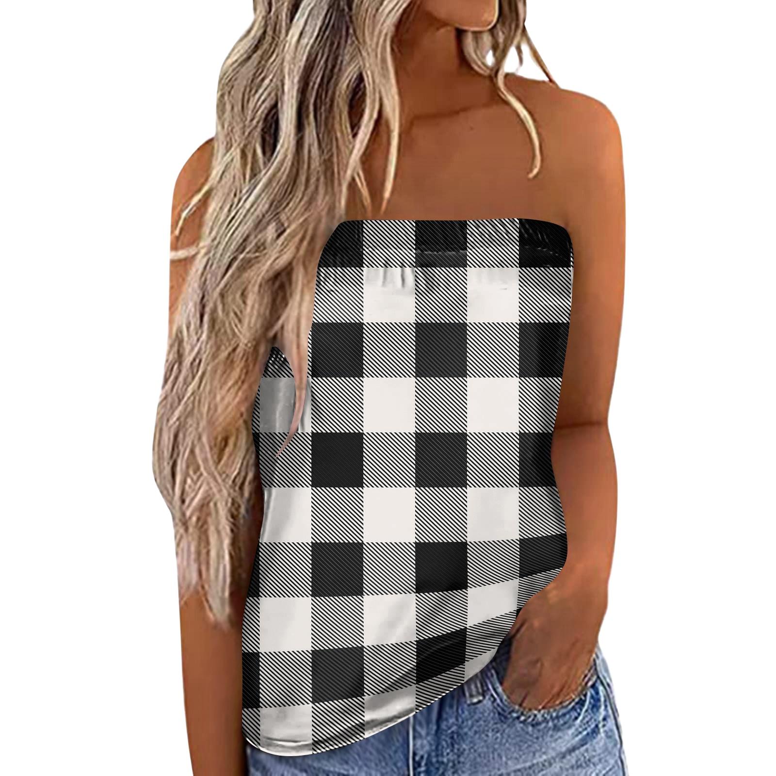 

Women s Summer Sexy Strapless Off-Shoulder Elastic Band Plaid Print Top L білий