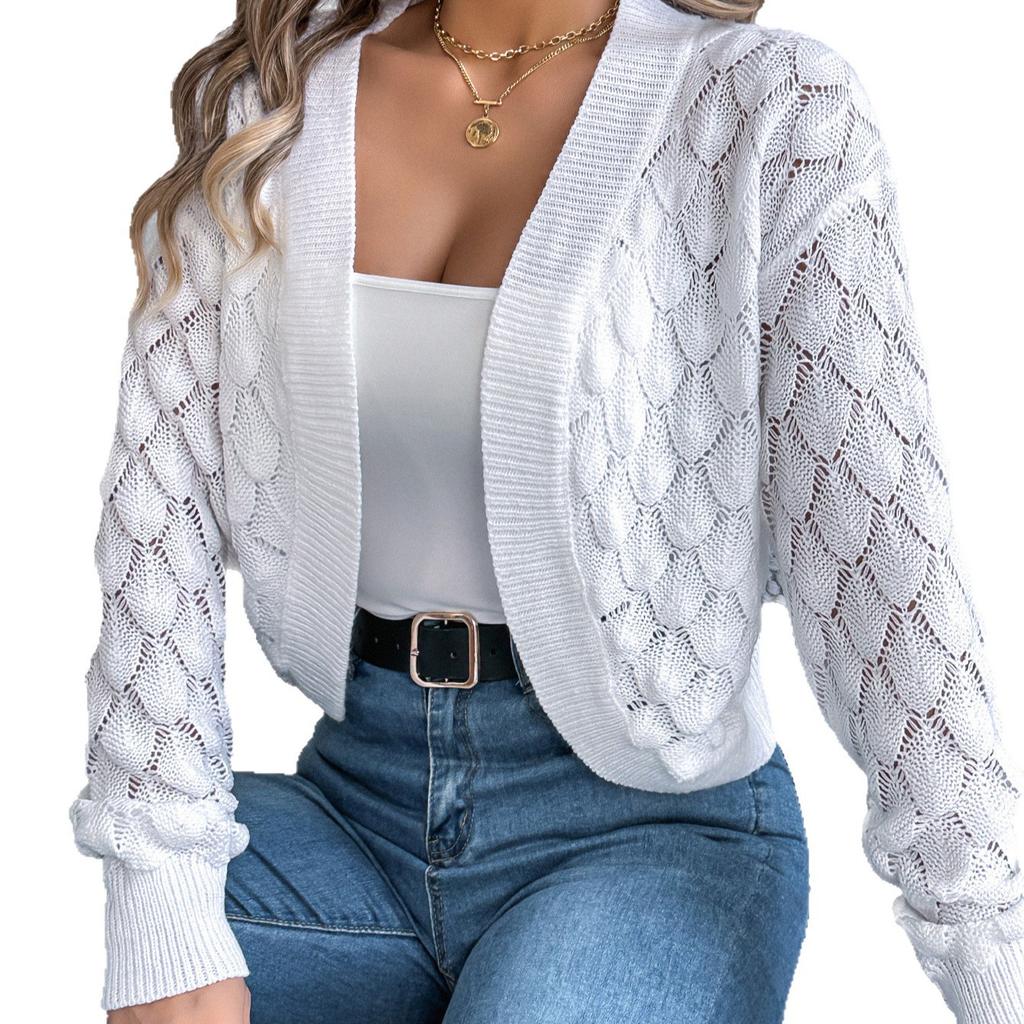 Einfarbig, Ausgehöhlte Laterne, Langärmiger Cardigan, Pullover, Kurzer Mantel für Damenbekleidung im Herbst und Winter