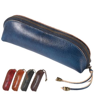 Fogman Leather Pencil Case, Supervised by a Leather Goods Consultant. Slim, Stylish, Large Capacity, Cute, Simple Design (Blue).